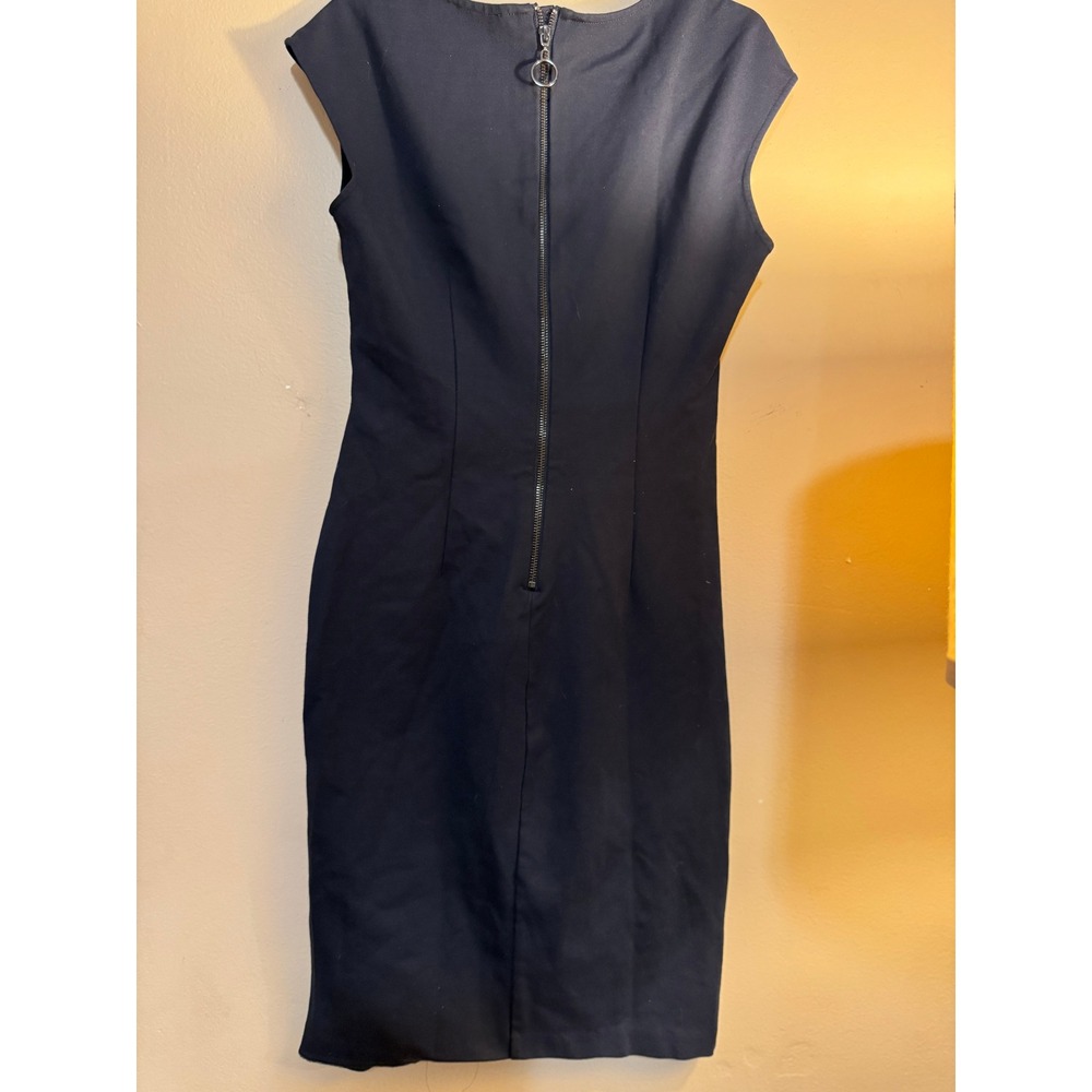 Neiman Marcus Navy Blue Ruched Waist Sheath Dress Cap Sleeve Exposed Zip Small